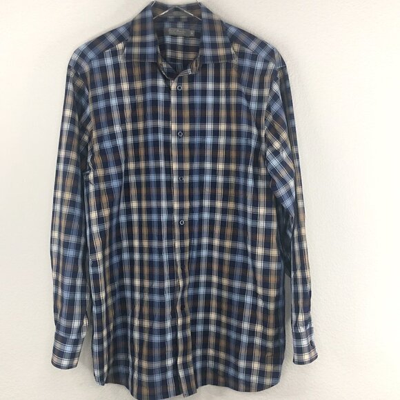 Daniel Cremieux Blue & Tan Gingham Cotton Long Sleeve Button Down Men's Size L - Picture 1 of 3